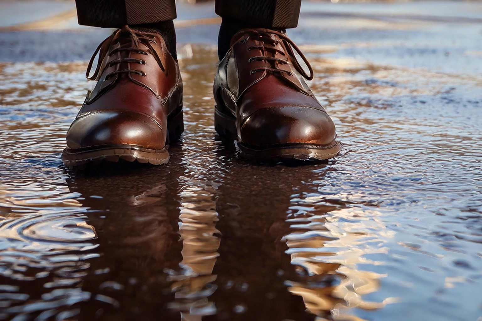雨上がりの水たまりに立つ革靴。濡れた路面に映る光と革の艶が際立つ。