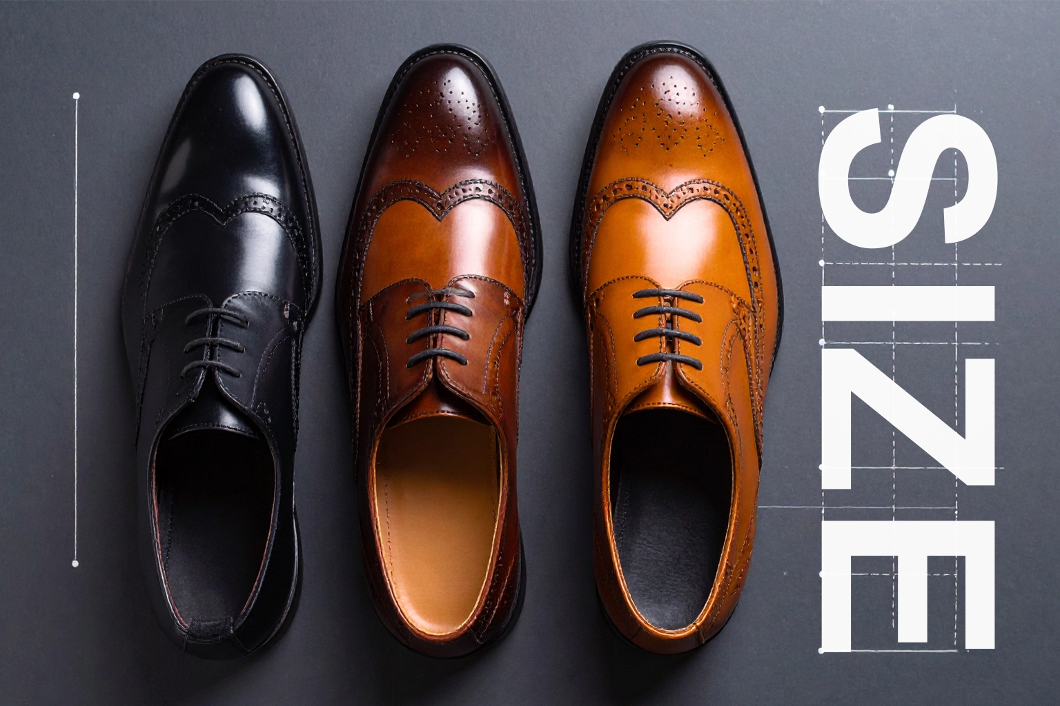 黒・ダークブラウン・ライトブラウンの3色の革靴が並ぶサイズ比較イメージ